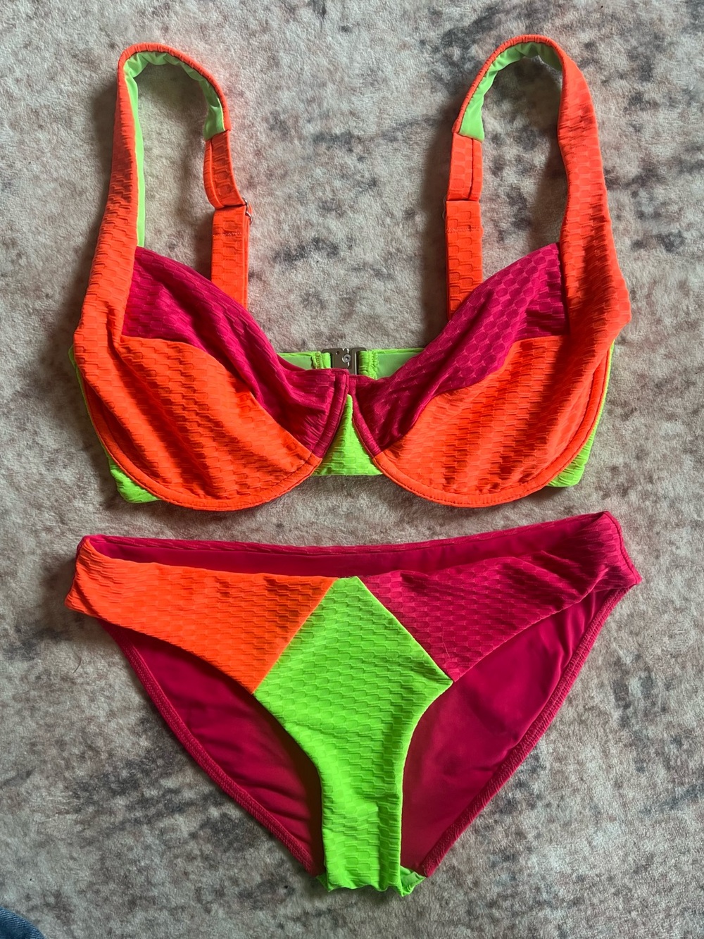 Vetchy Laguna style Neon Orange, Pink & Lime Colorblock Bikini Set
